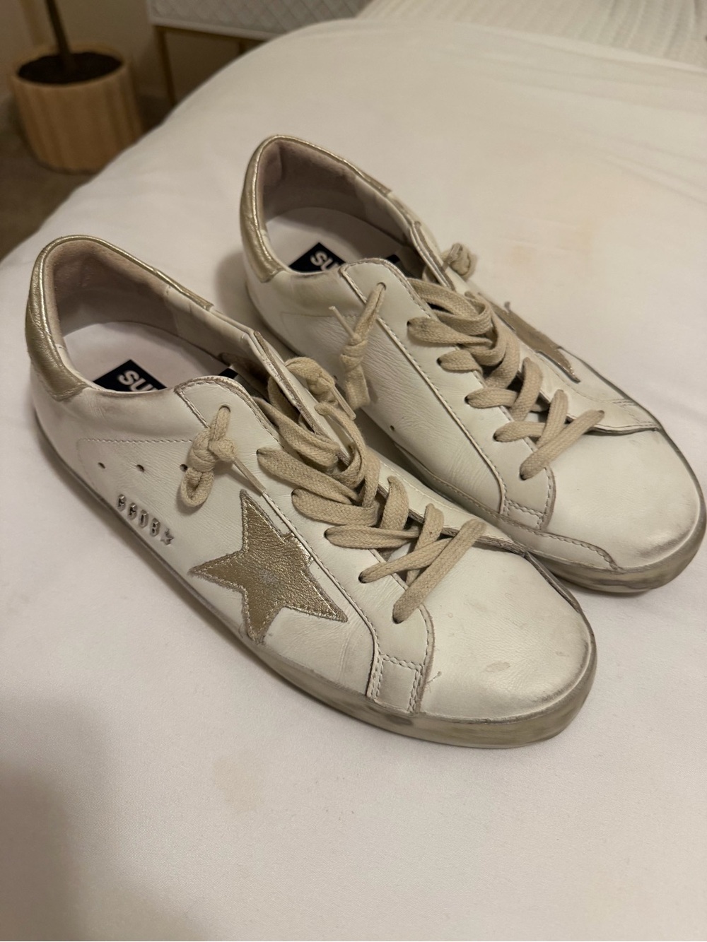 Golden Goose Super Star White Leather Sneakers with Gold Star Accent